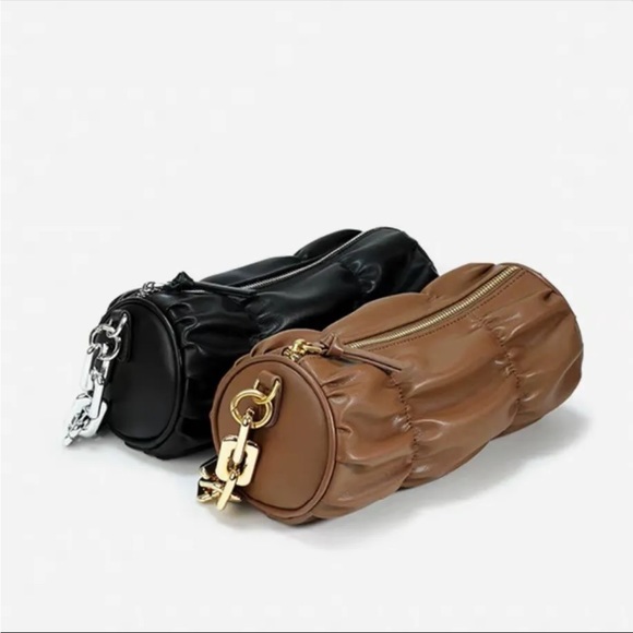 AZA Micro Kingpin Black Gathered Barrel Bag Round Log Crossbody Chain Purse - Picture 14 of 14